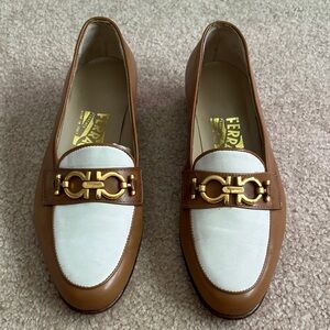 Salvatore Ferragamo Brown and White Leather Horsebit Loafers